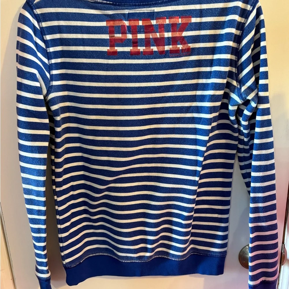 PINK Victoria Secret Blue and White Striped Kansas Jayhawks Sweatshirt - Picture 2 of 5